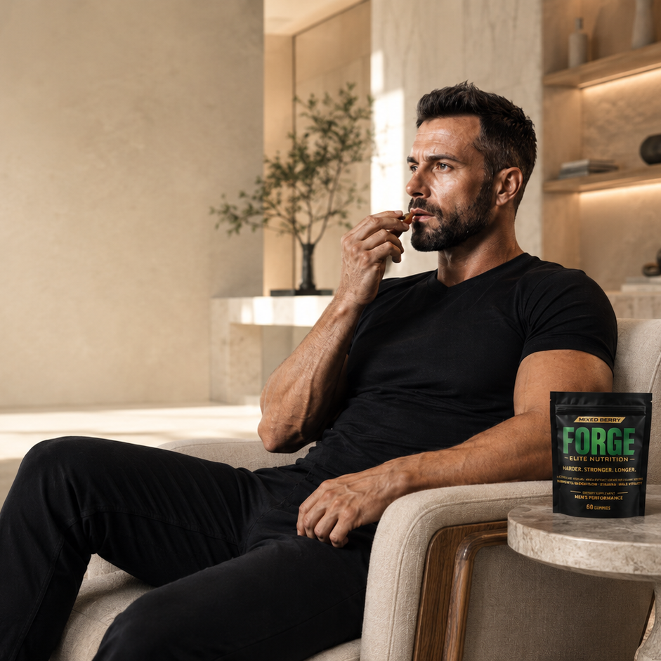 A man in a black t-shirt and black pants sits in a modern beige armchair, holding a small cup near his mouth. A black canister of Forge Protein powder with green text sits on a small stone side table next to him in a bright, minimalist room with warm natural light.